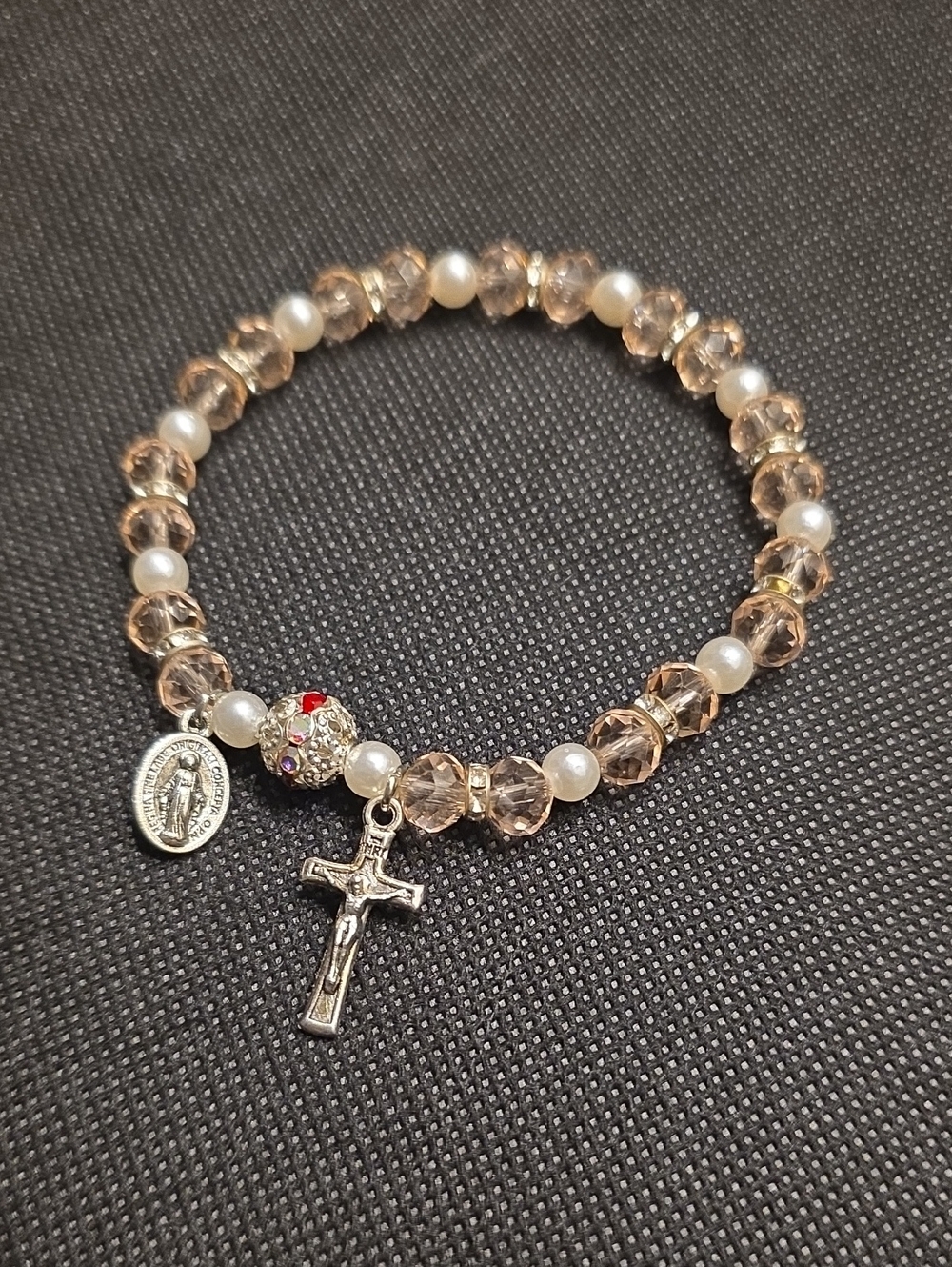 Silver-Tone Crystal & Pearl Rosary Stretch Bracelet with Cross Charm